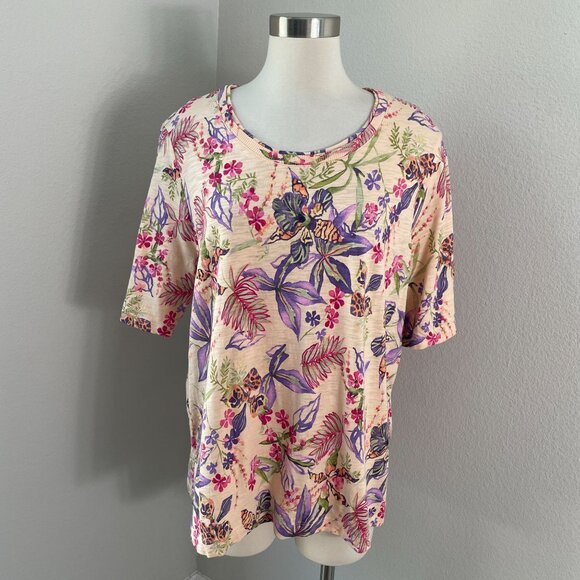 Chicos Womens XL Tropical Floral Elbow Sleeve Tee Crew Neck Shirt - Picture 1 of 14